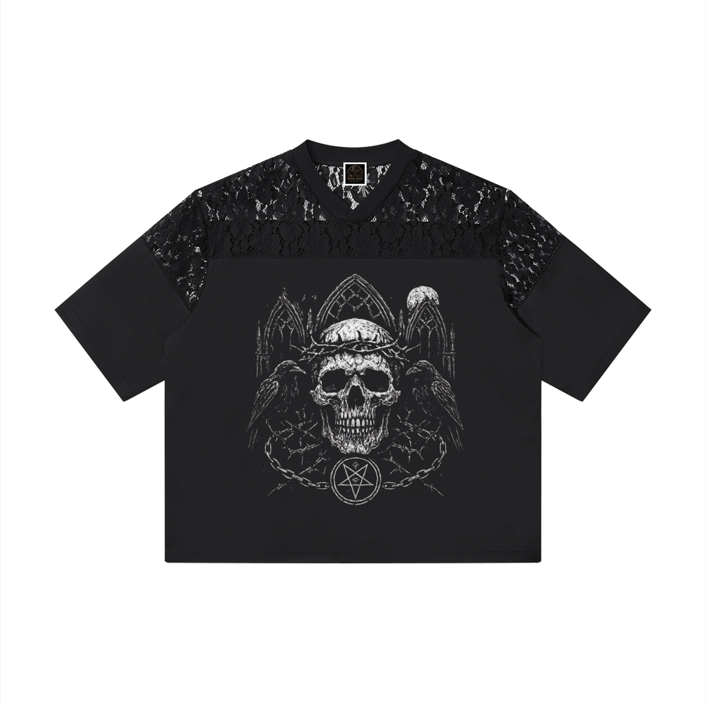 Unisex Lace Paneling V-Neck T-Shirt