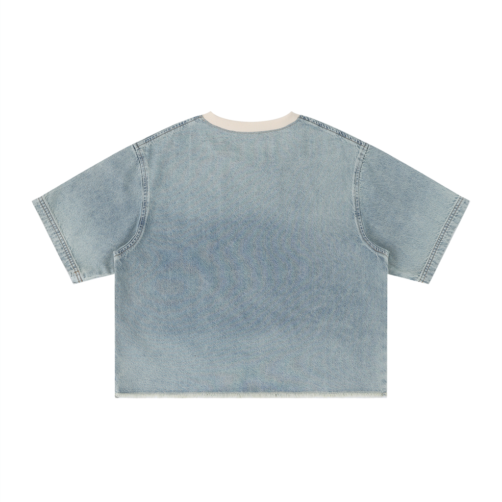 Unisex Vintage Wash Boxy Raw Hem Denim T-Shirt