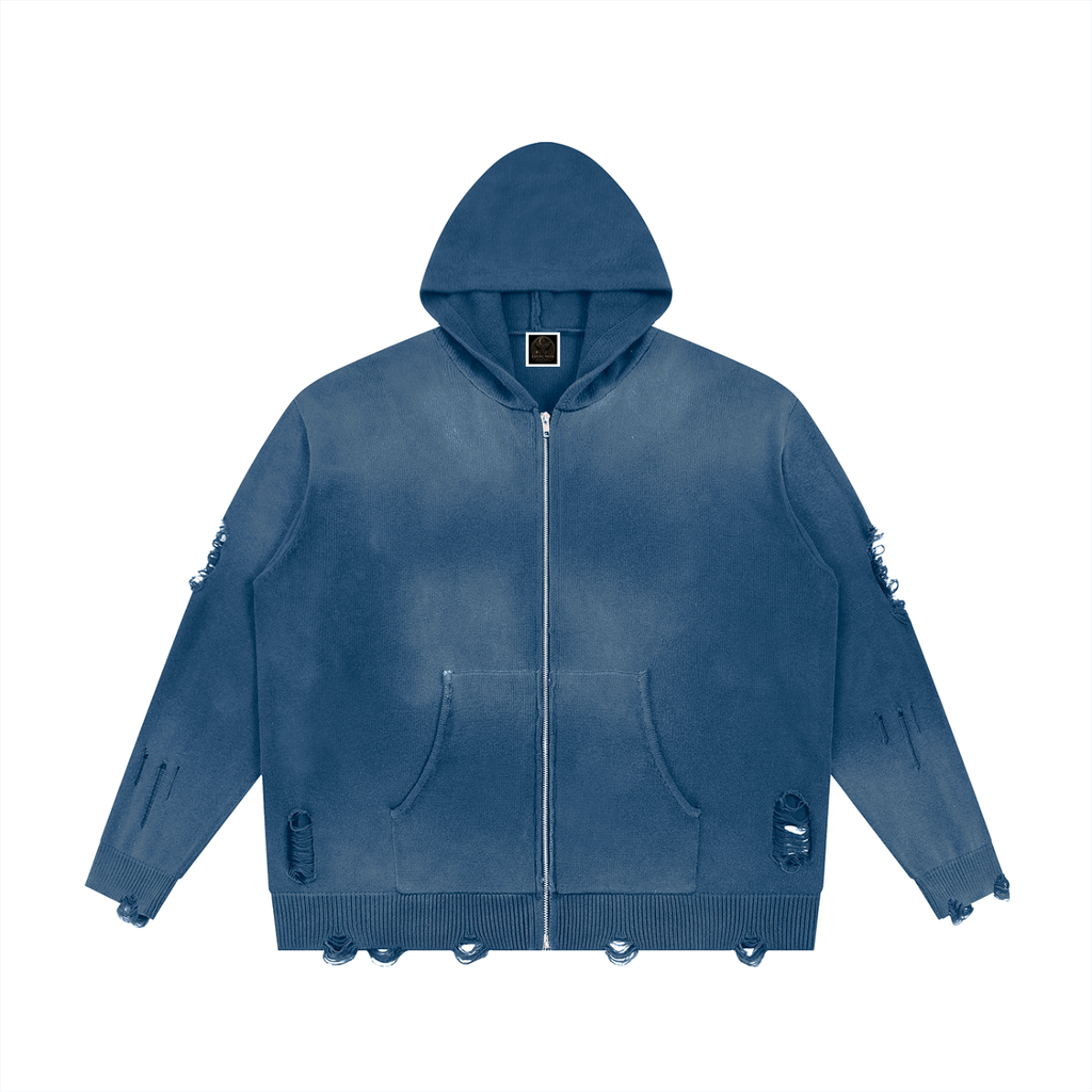 Unisex Distressed Full Zip Sweater
